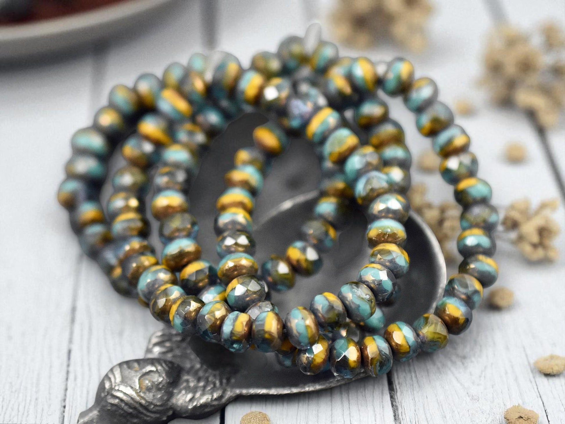 *30* 3x5mm Bronze Washed Blended Turquoise Aqua & Orange Fire Polished Rondelle Beads