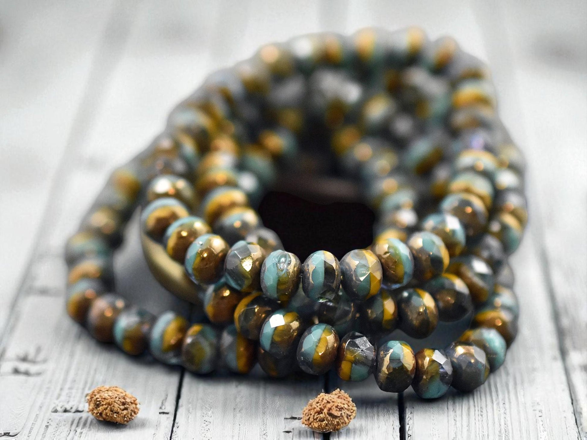 *30* 3x5mm Bronze Washed Blended Turquoise Aqua & Orange Fire Polished Rondelle Beads