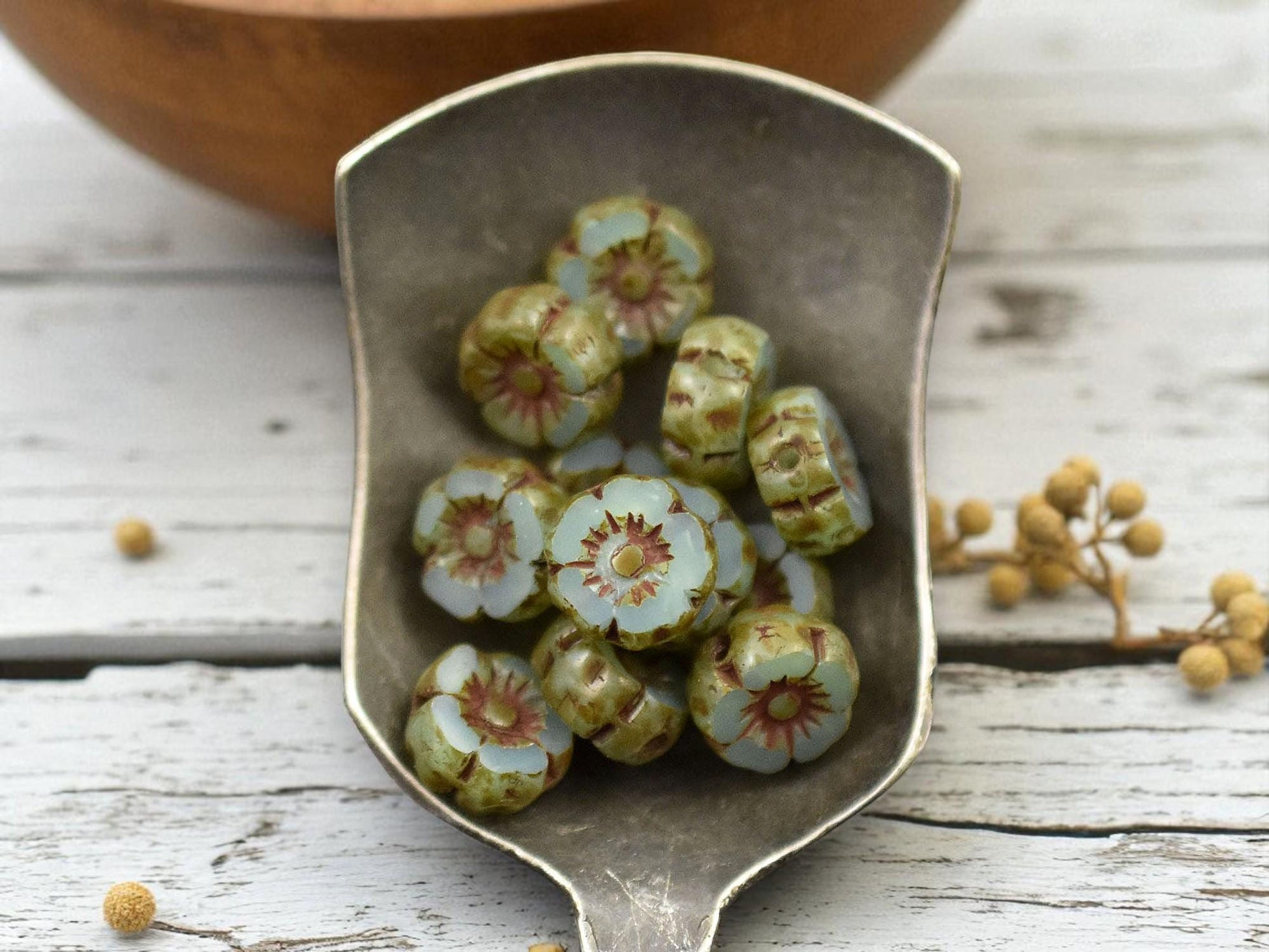 *12* 7mm Aqua Blue Opaline Picasso Hawaiian Flower Beads