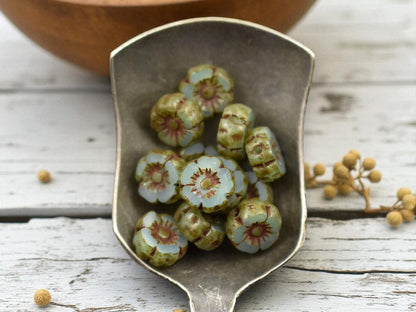 *12* 7mm Aqua Blue Opaline Picasso Hawaiian Flower Beads