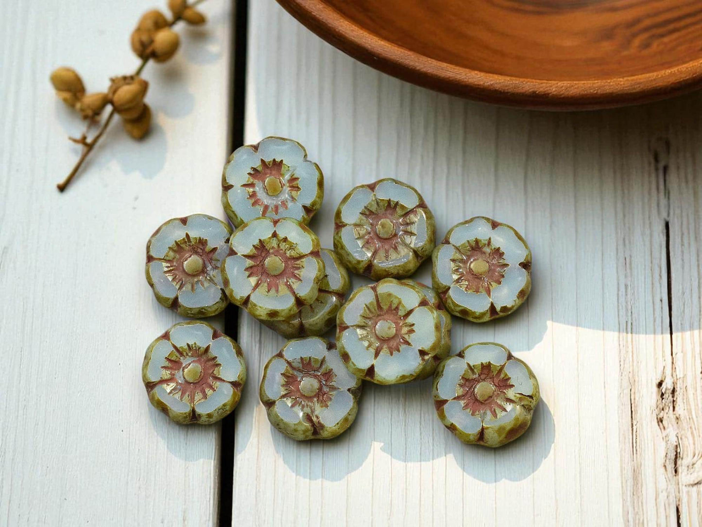 *12* 7mm Aqua Blue Opaline Picasso Hawaiian Flower Beads