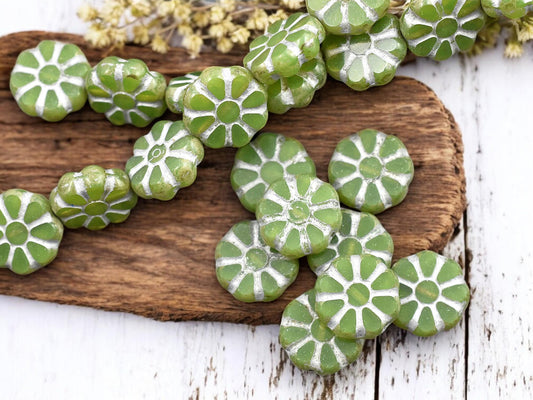 *8* 12mm Silver Washed Apple Green Opaline Travertine Cosmo Flower Beads