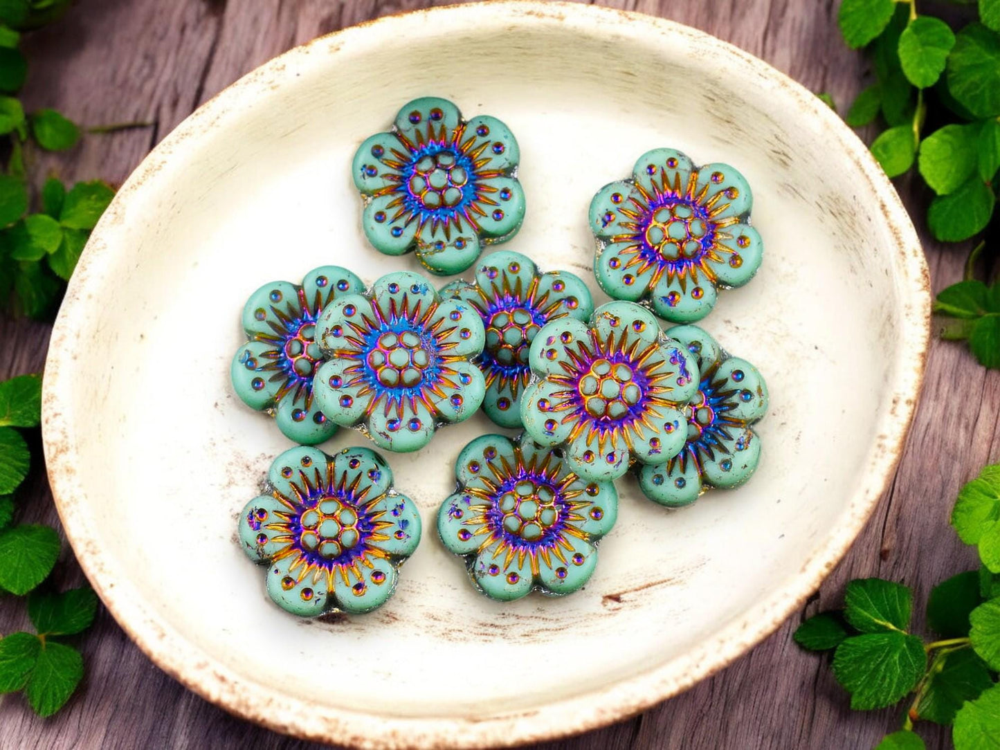 *12* 14mm Matte Opaque Turquoise Sliperit Wildflower Beads