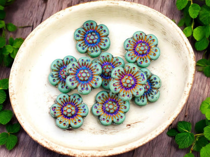 *12* 14mm Matte Opaque Turquoise Sliperit Wildflower Beads