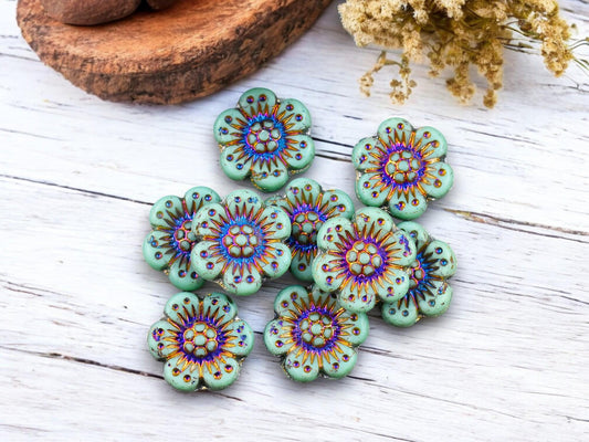 *12* 14mm Matte Opaque Turquoise Sliperit Wildflower Beads