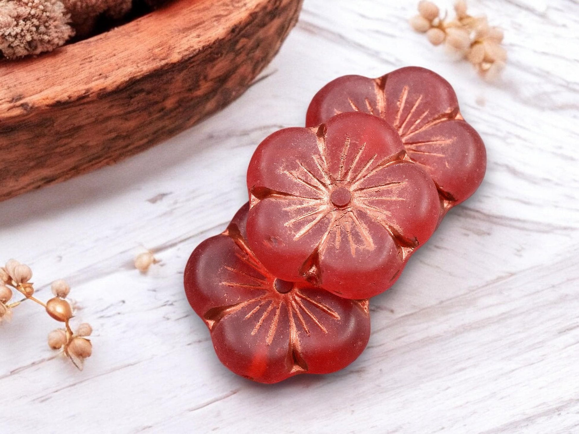 *2* 21mm Copper Washed Matte Ruby Red Hibiscus Flower Beads