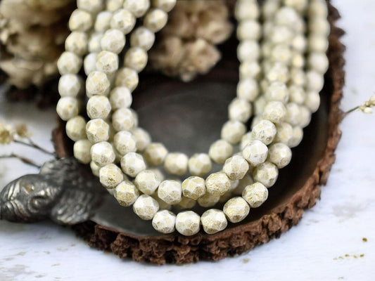 *50* 4mm Gold Etched Antique White Fire Polished Round Beads