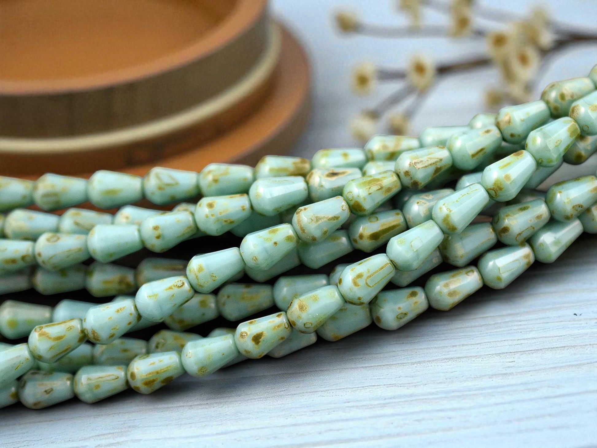 *19* 6x8mm Opaque Turquoise Picasso Vertical Teardrop Beads