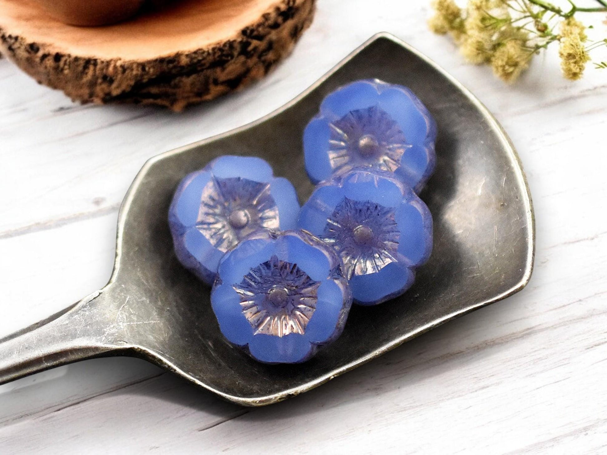 *12* 12mm Purple Bronze Washed Blue Opaline Hawaiian Flower Beads