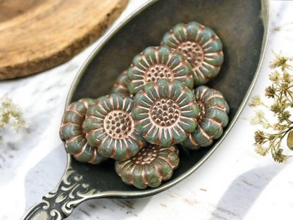 *12* 13mm Copper Washed Opaque Turquoise Picasso Sunflower Coin Beads