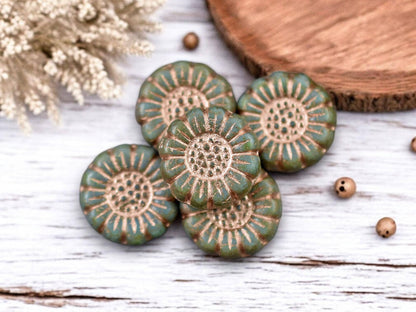 *12* 13mm Copper Washed Opaque Turquoise Picasso Sunflower Coin Beads