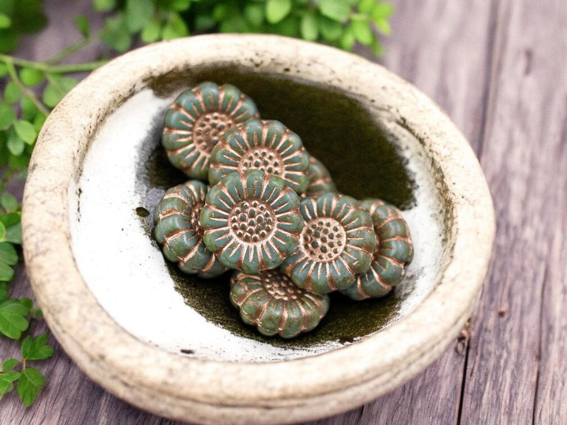 *12* 13mm Copper Washed Opaque Turquoise Picasso Sunflower Coin Beads