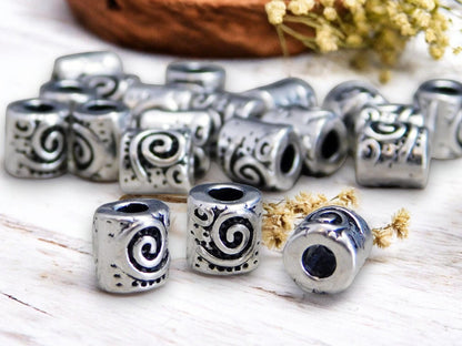 *50* 7x6mm Antique Silver Spiral Design Barrel Beads