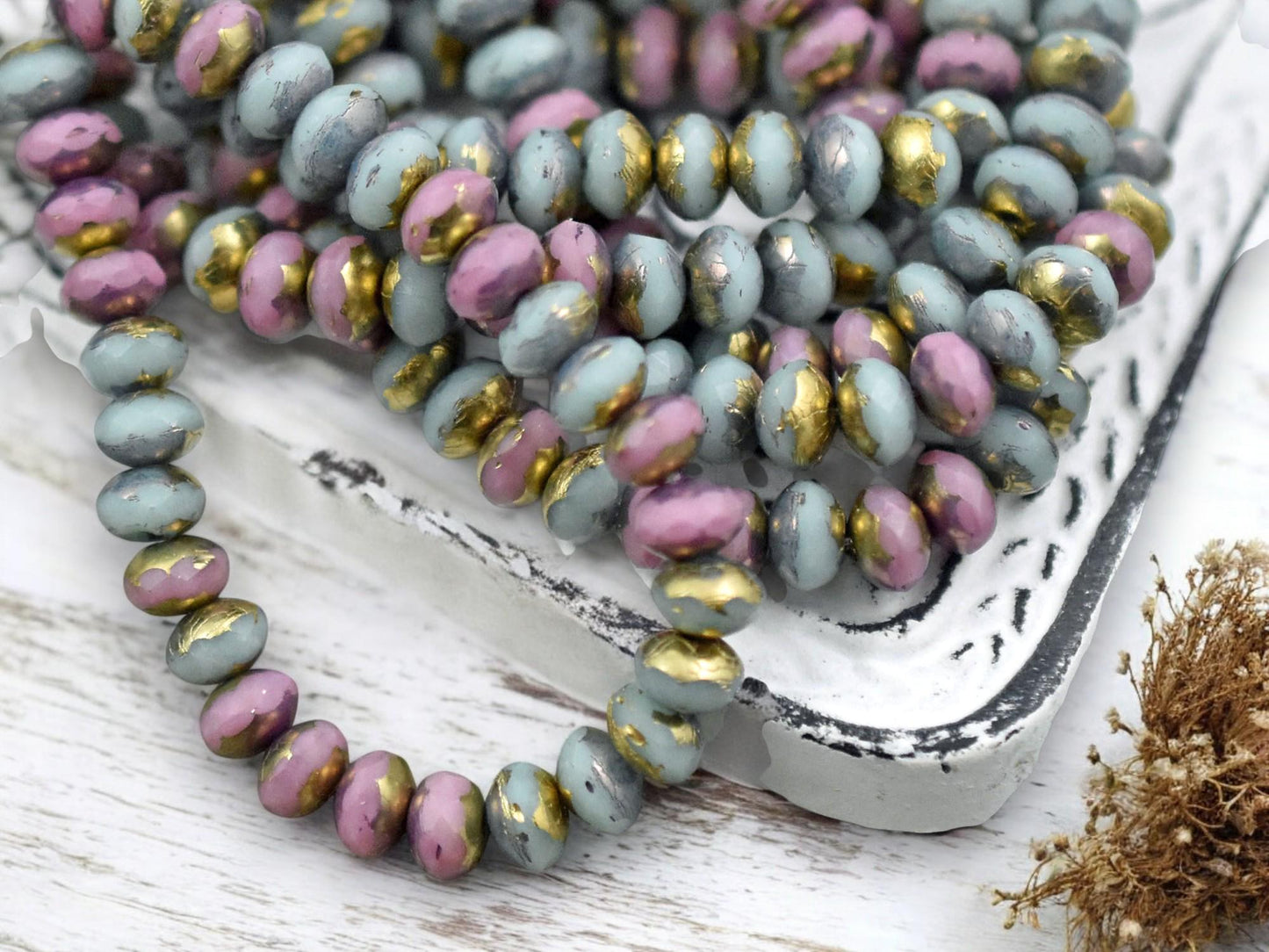*30* 3x5mm Gold Washed Mixed Pink & Blue Fire Polished Rondelle Beads