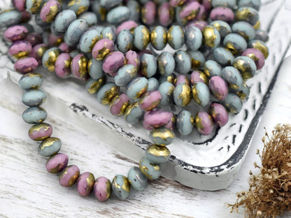 *30* 3x5mm Gold Washed Mixed Pink & Blue Fire Polished Rondelle Beads