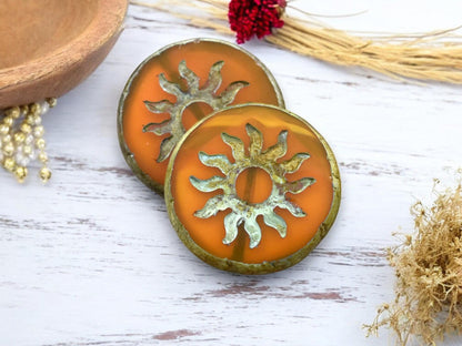 21mm Orange Amber Opaline Picasso Table Cut Sun Design Coin Beads - 2 Beads