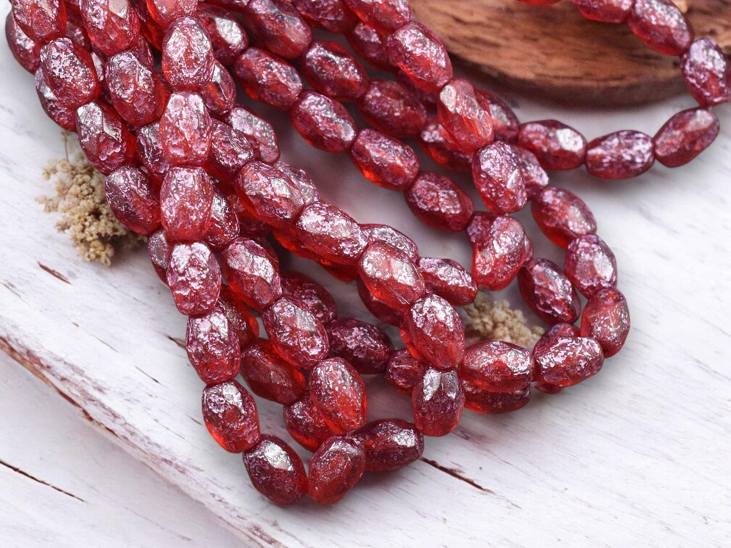 *20* 5x7mm Metallic Pink Washed Etched Ruby Red Fire Polished Faceted Oval Beads