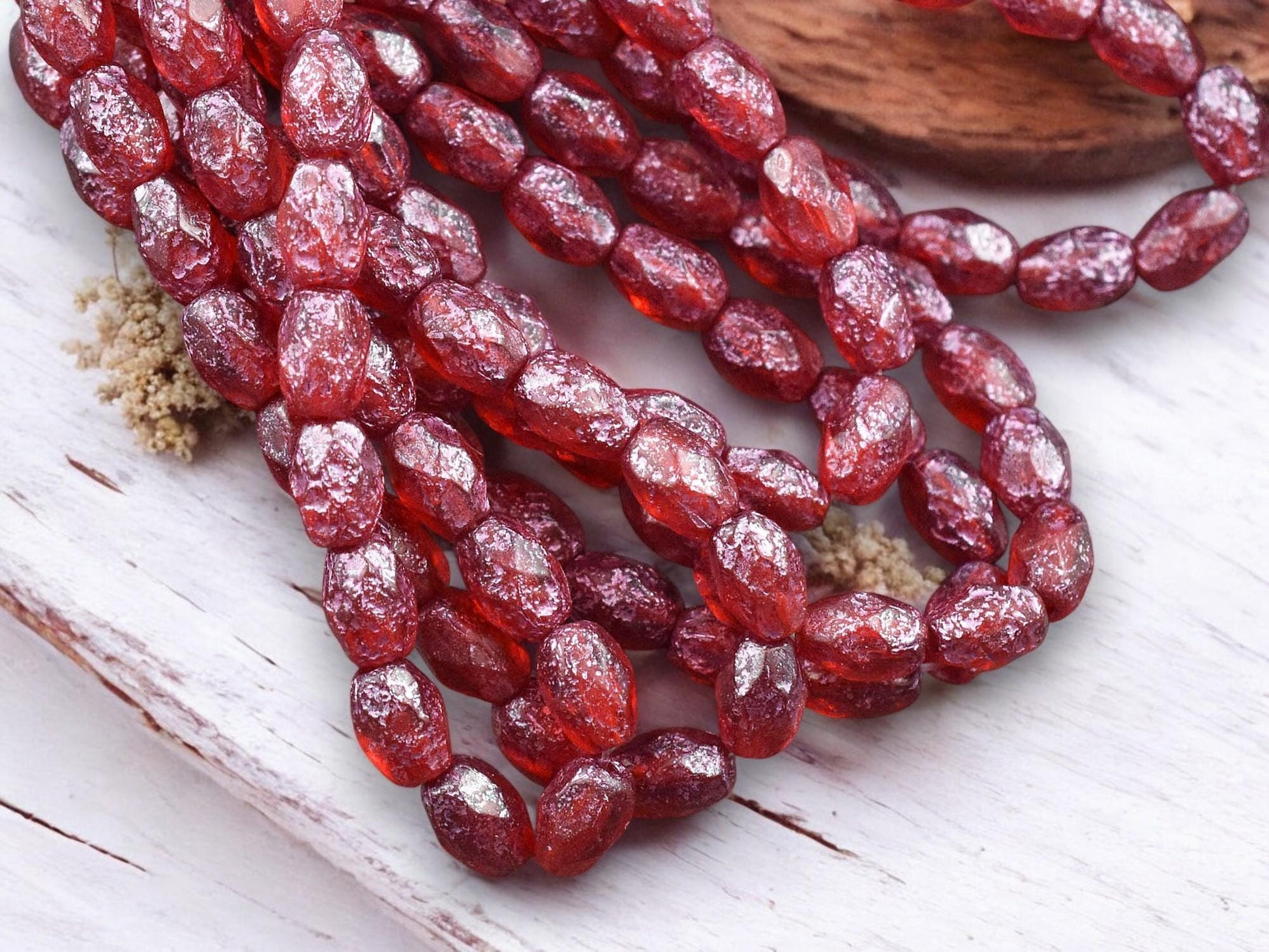 *20* 5x7mm Metallic Pink Washed Etched Ruby Red Fire Polished Faceted Oval Beads