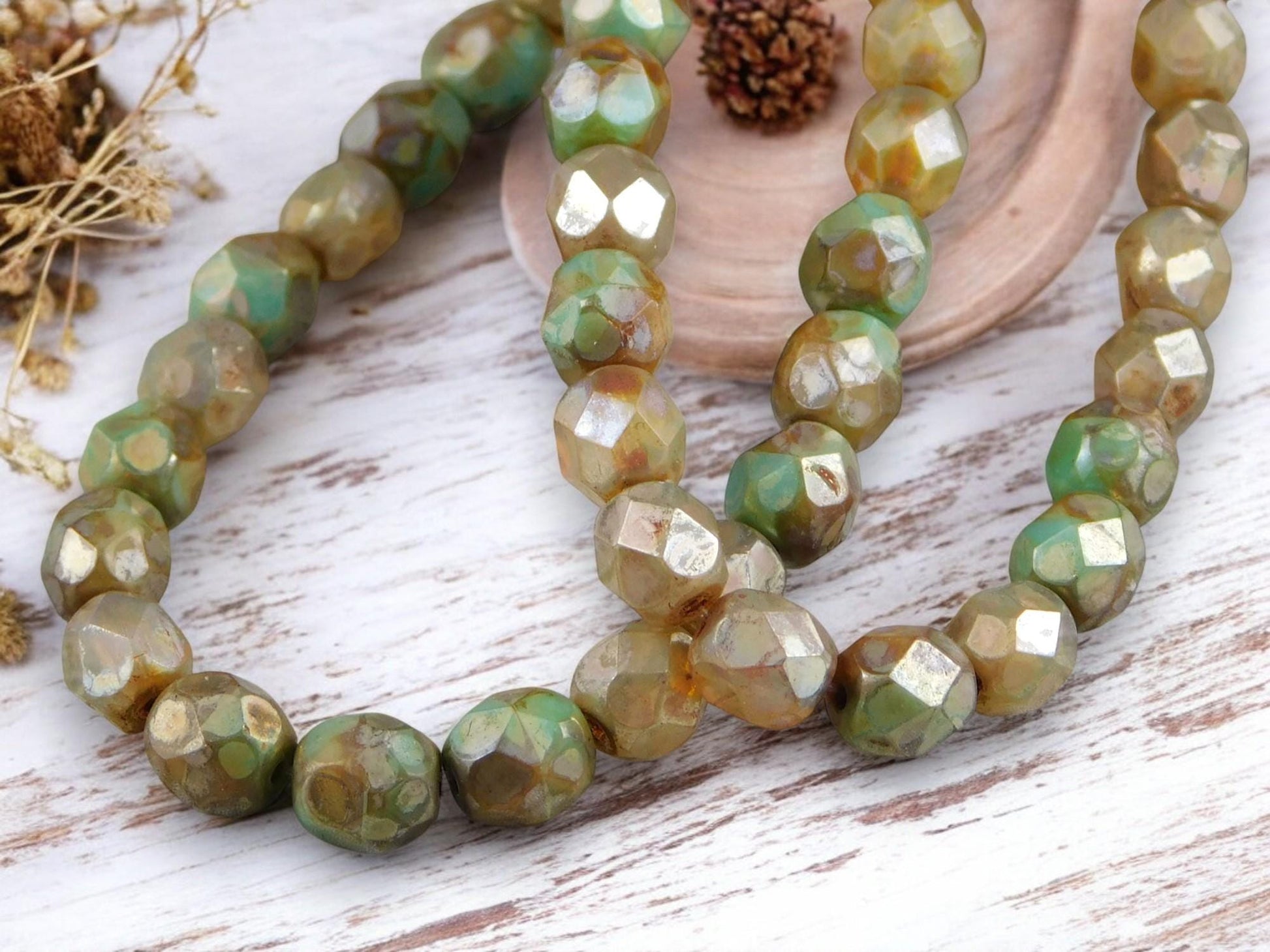 *25* 6mm Champagne Turquoise Picasso Fire Polished Round Beads