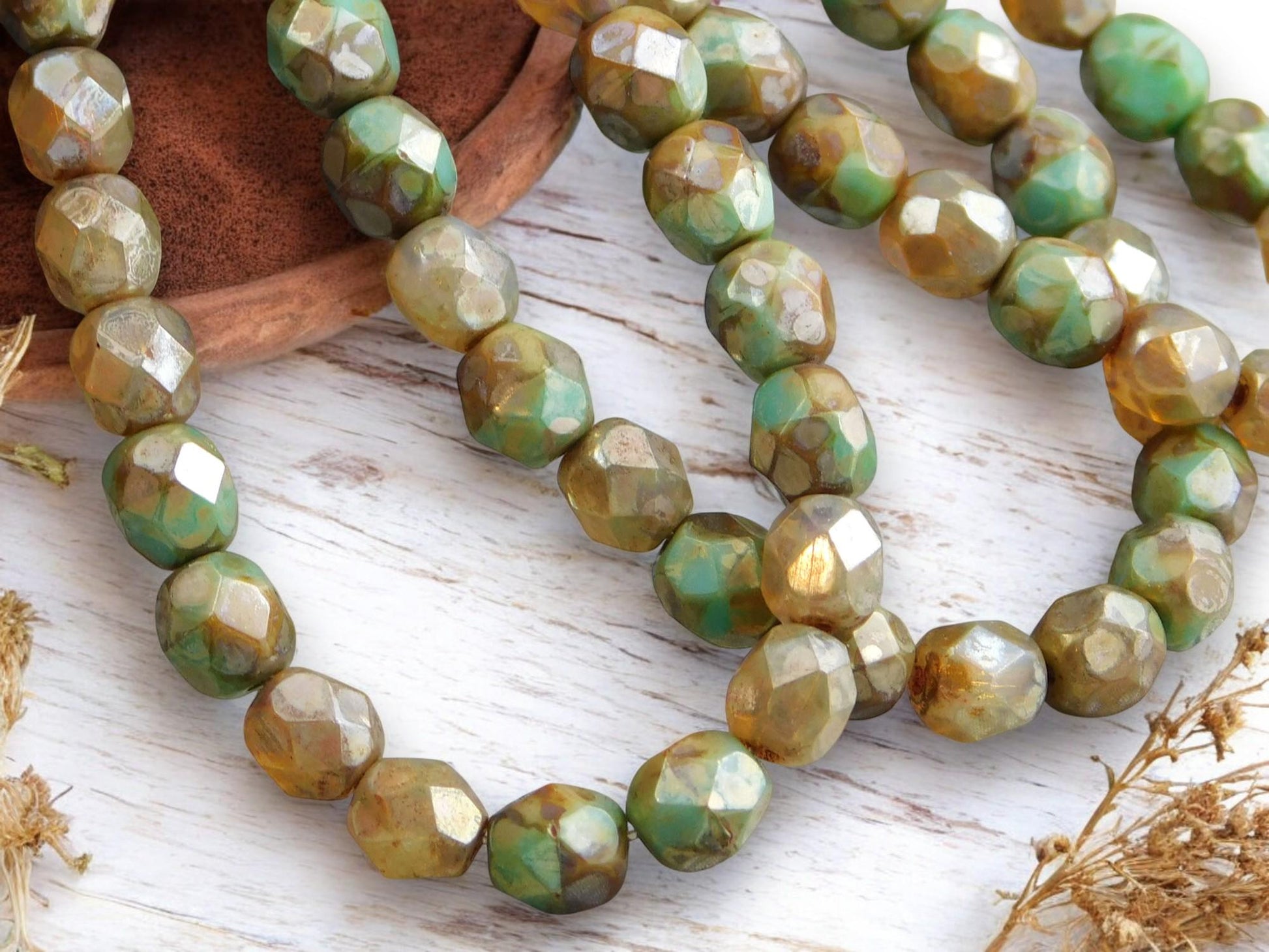 *25* 6mm Champagne Turquoise Picasso Fire Polished Round Beads