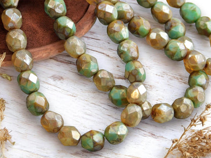 *25* 6mm Champagne Turquoise Picasso Fire Polished Round Beads