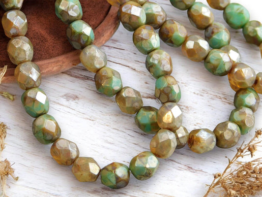 *25* 6mm Champagne Turquoise Picasso Fire Polished Round Beads