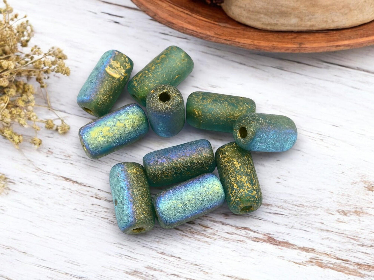 Czech Glass Beads - Picasso Beads - Tube Beads - Cylinder Beads - Large Hole Beads - 14x7mm - 10pcs (4242)