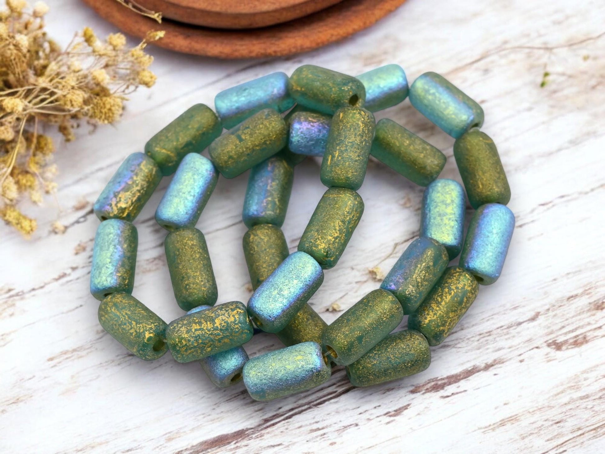 Czech Glass Beads - Picasso Beads - Tube Beads - Cylinder Beads - Large Hole Beads - 14x7mm - 10pcs (4242)