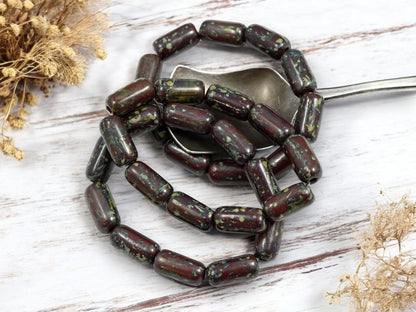 Picasso Beads - Tube Beads - Czech Glass Beads - Cylinder Beads - Large Hole Beads - 14x7mm - 10pcs (3603)