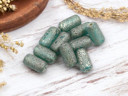 Czech Glass Beads - Picasso Beads - Tube Beads - Cylinder Beads - Large Hole Beads - 14x7mm - 10pcs (1362)