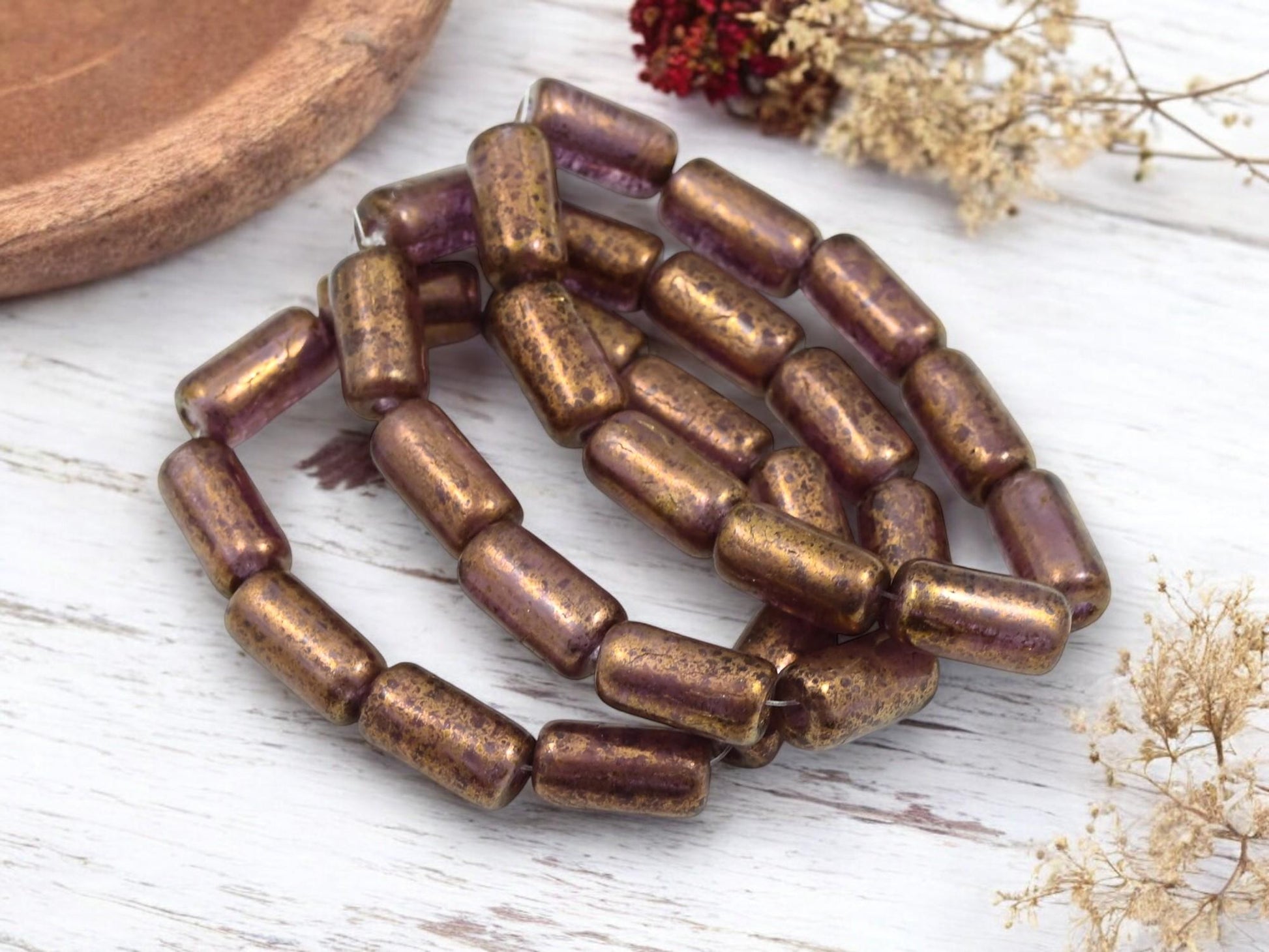 Czech Glass Beads - Picasso Beads - Tube Beads - Cylinder Beads - Large Hole Beads - 14x7mm - 10pcs (5100)