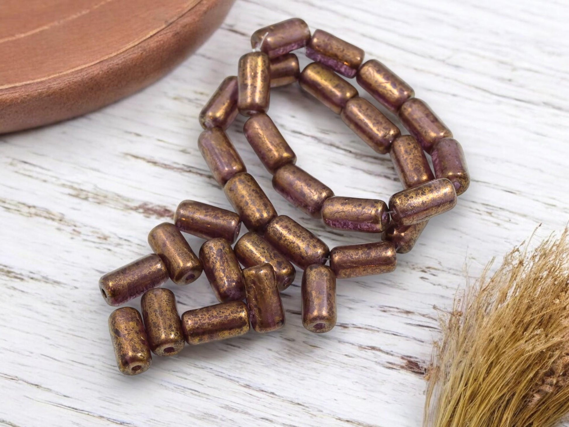 Czech Glass Beads - Picasso Beads - Tube Beads - Cylinder Beads - Large Hole Beads - 14x7mm - 10pcs (5100)