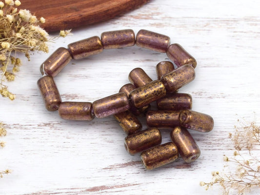 Czech Glass Beads - Picasso Beads - Tube Beads - Cylinder Beads - Large Hole Beads - 14x7mm - 10pcs (5100)