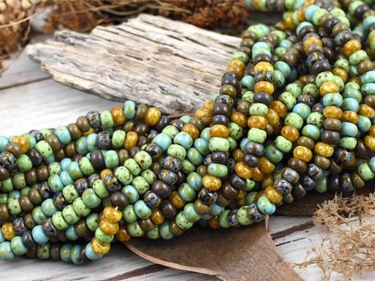 5/0 Aged Jade Striped Picasso Mix Seed Beads (20" Strand)