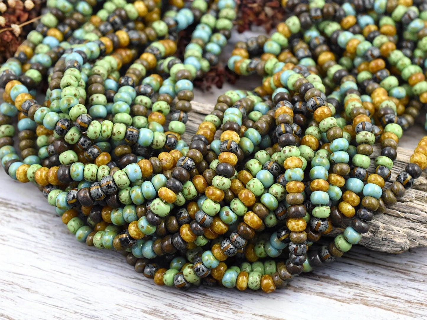 5/0 Aged Jade Striped Picasso Mix Seed Beads (20" Strand)