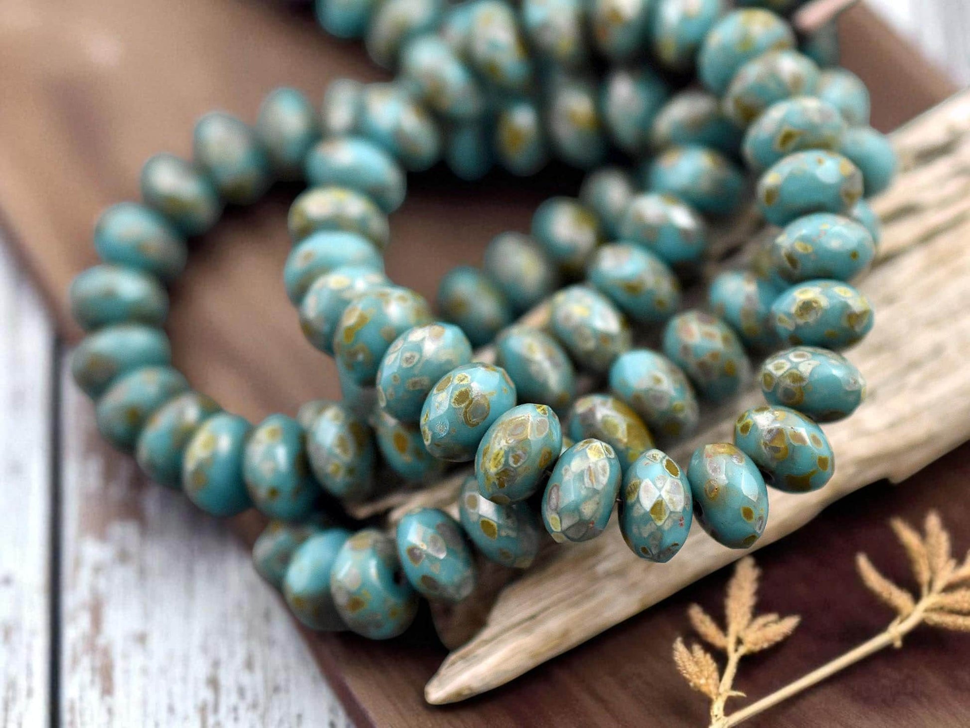 *25* 6x8mm Teal Turquoise Picasso Fire Polished Rondelle Beads