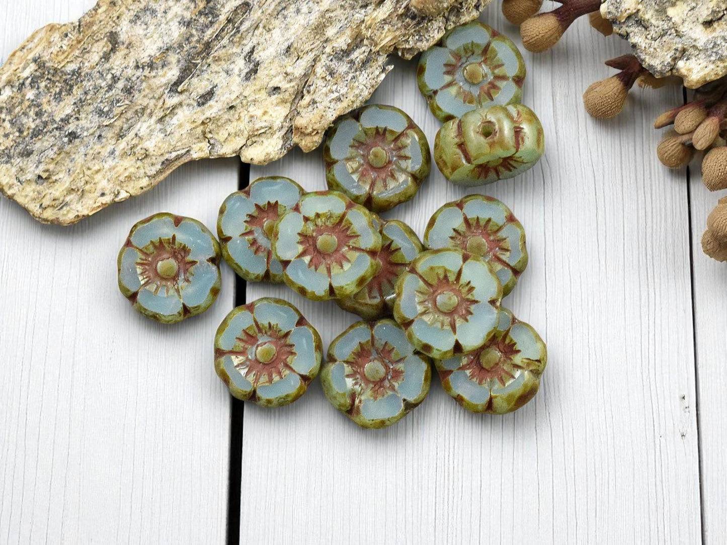 *12* 7mm Aqua Blue Opaline Picasso Hawaiian Flower Beads