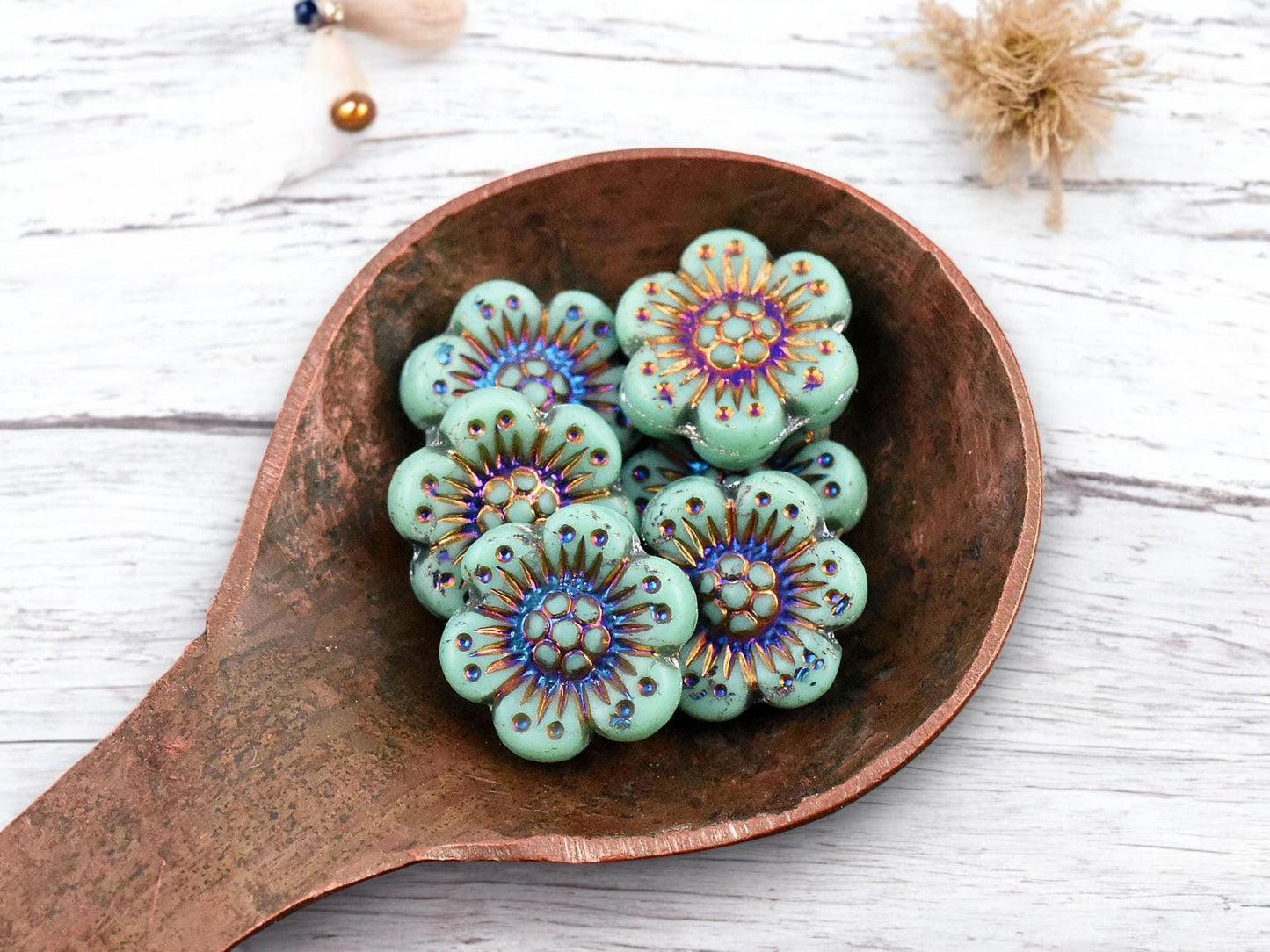 *12* 14mm Matte Opaque Turquoise Sliperit Wildflower Beads