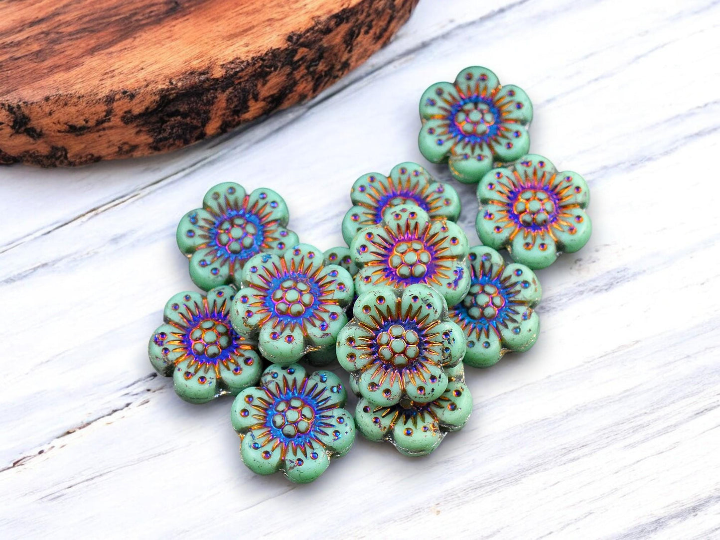 *12* 14mm Matte Opaque Turquoise Sliperit Wildflower Beads