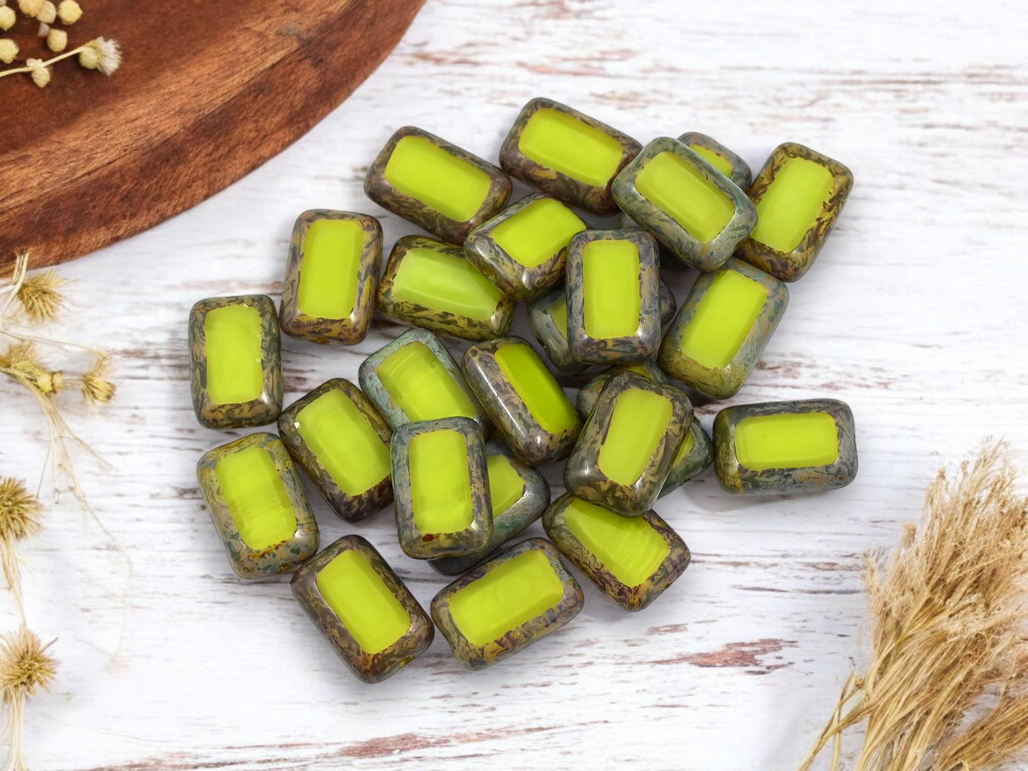 *12* 8x12mm Chartreuse Picasso Table Cut Rectangle Beads