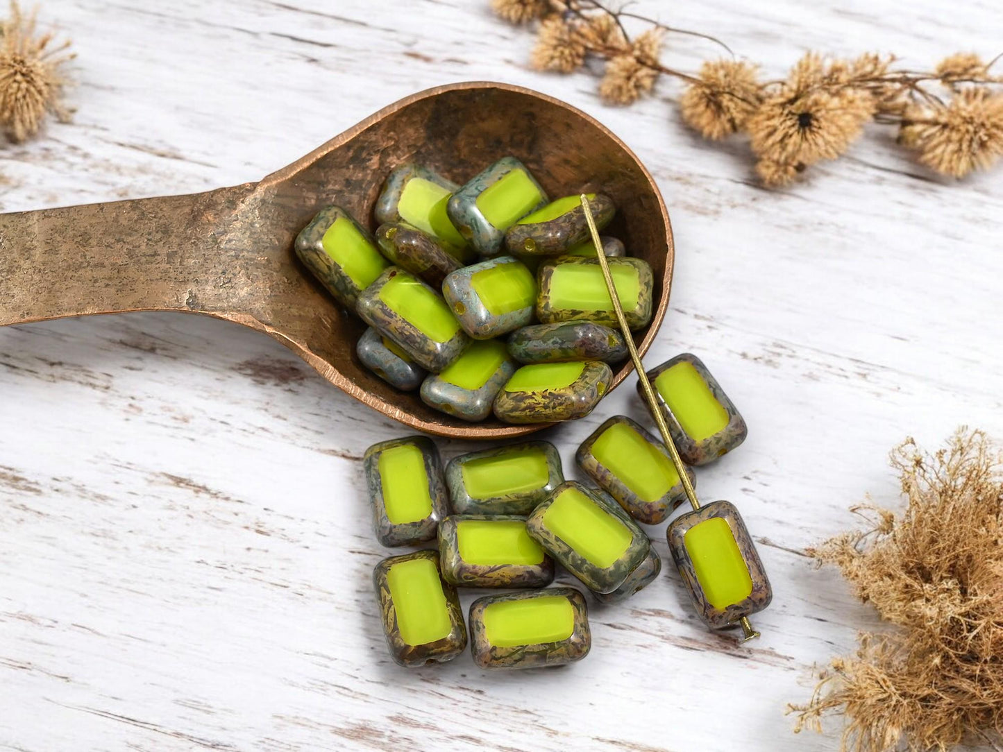 *12* 8x12mm Chartreuse Picasso Table Cut Rectangle Beads