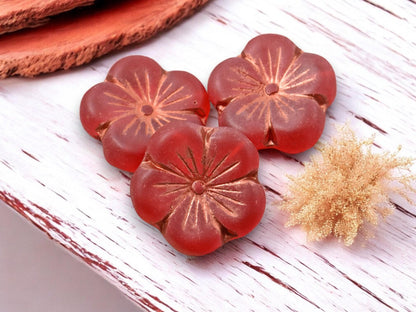 *2* 21mm Copper Washed Matte Ruby Red Hibiscus Flower Beads