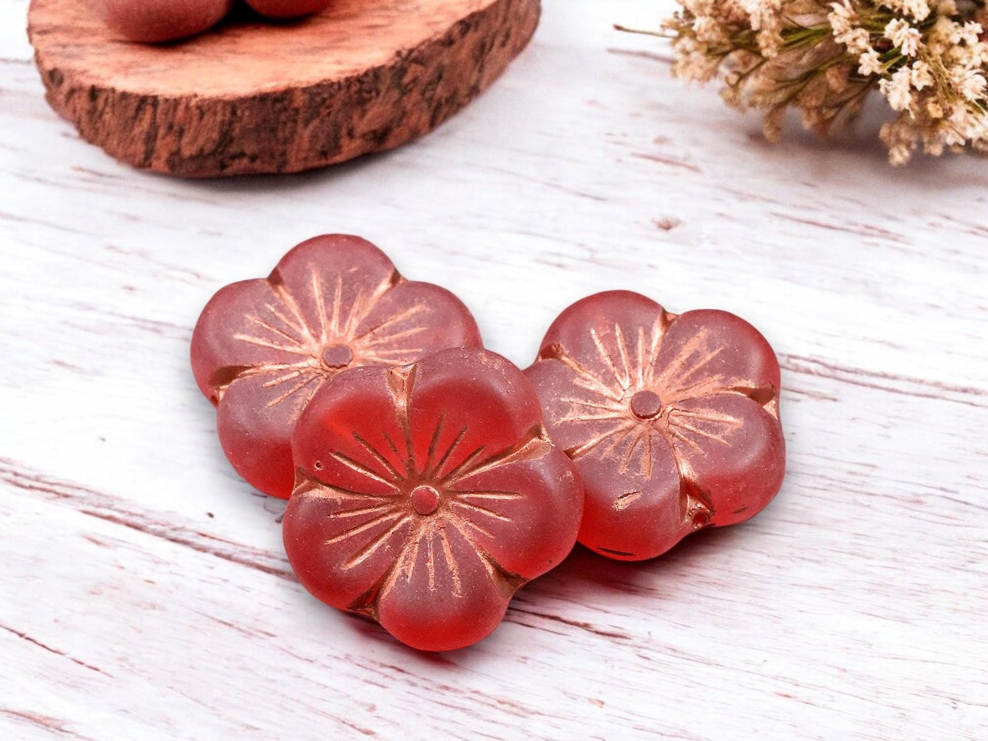 *2* 21mm Copper Washed Matte Ruby Red Hibiscus Flower Beads