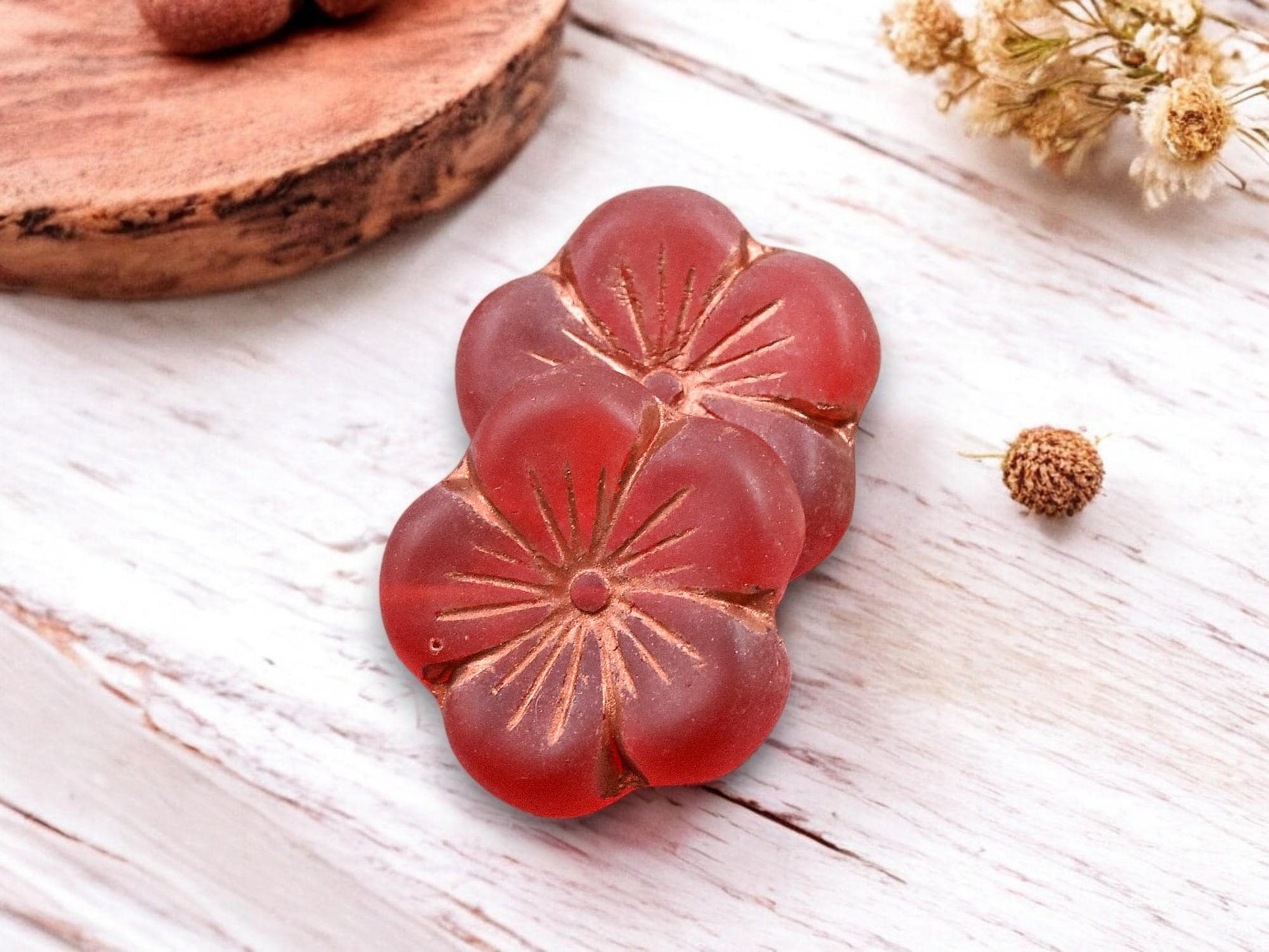 *2* 21mm Copper Washed Matte Ruby Red Hibiscus Flower Beads