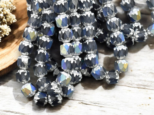 *20* 6mm Silver Washed Matte Montana Blue AB Fire Polished Cathedral Beads