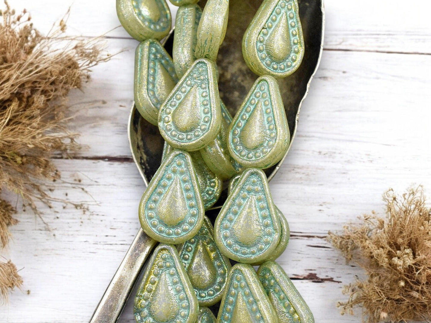 *8* 14x10mm Gold & Green Washed Sage Green Filigree Tear Drop Beads