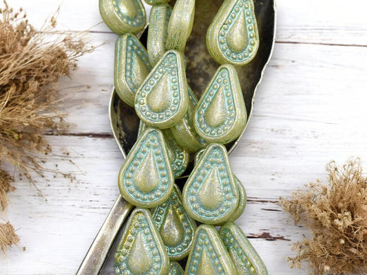 *8* 14x10mm Gold & Green Washed Sage Green Filigree Tear Drop Beads