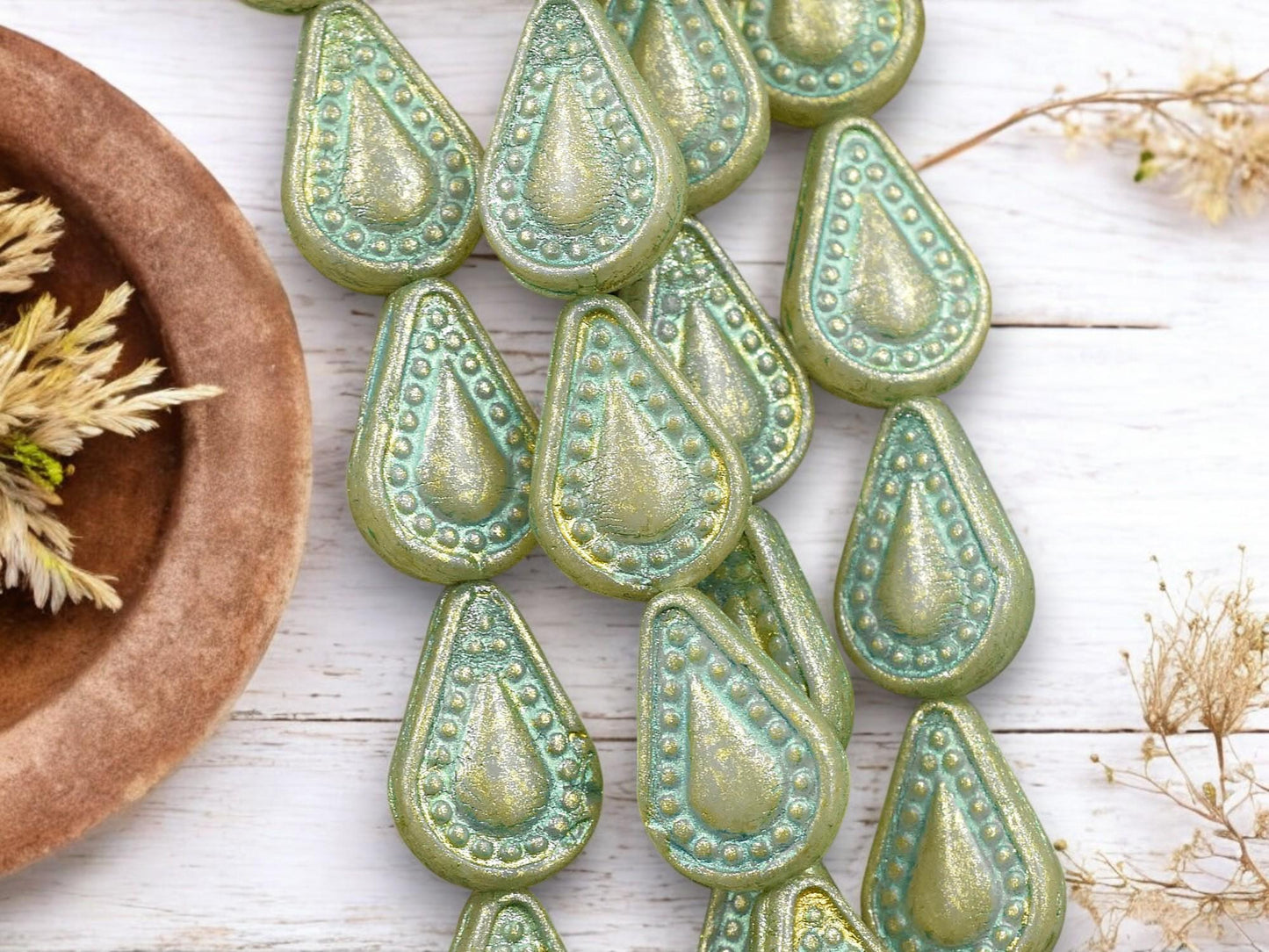 *8* 14x10mm Gold & Green Washed Sage Green Filigree Tear Drop Beads