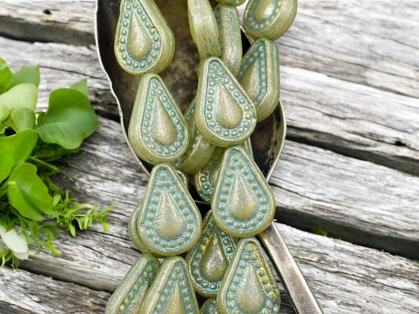 *8* 14x10mm Gold & Green Washed Sage Green Filigree Tear Drop Beads