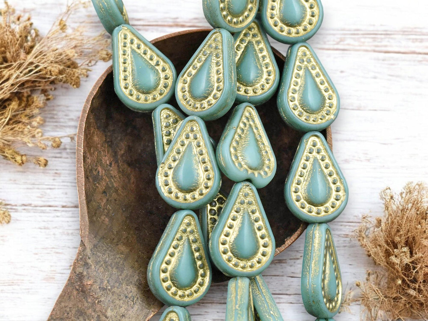 *8* 14x10mm Gold Washed Opaque Turquoise Filigree Tear Drop Beads